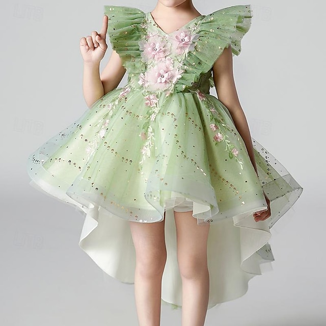  Kids Girls' Party Dress Floral Sequin Flower Sleeveless Wedding Special Occasion Sequins Ruched Mesh Adorable Sweet Cotton Polyester Asymmetrical Party Dress Summer Spring Fall 3-12 Years Green