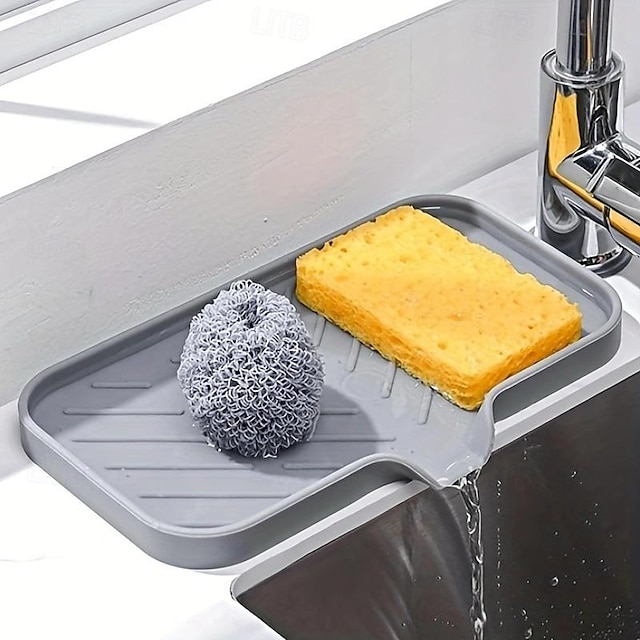  قطعة واحدة من منظم حوض السيليكون متعدد الأغراض - طبق صابون قابل للتصريف مع فرشاة وحامل إسفنجة للمطبخ & حمام