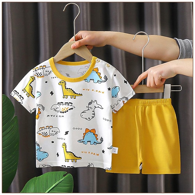  2 Pieces Toddler Boys T-shirt & Shorts Outfit Cartoon Short Sleeve Cotton Set Outdoor Fashion Daily Summer Spring 3-7 Years White Yellow Pink