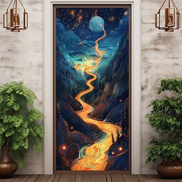  Fantasia planeta rio capas de porta mural decoração porta tapeçaria cortina de porta decoração pano de fundo faixa de porta removível para porta da frente interior ao ar livre decoração de quarto de