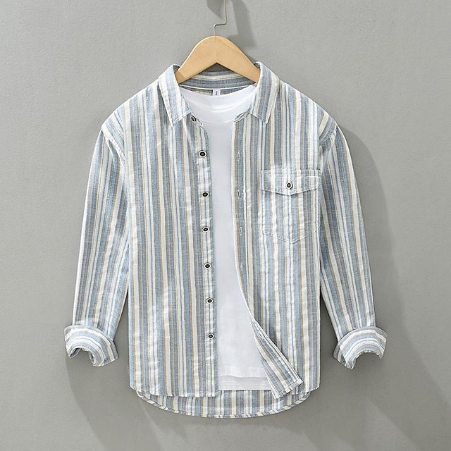  Men's Shirt Cotton Linen Shirt Casual Shirt Orange Light Blue Long Sleeve Stripes Lapel Spring &  Fall Hawaiian Holiday Clothing Apparel Pocket
