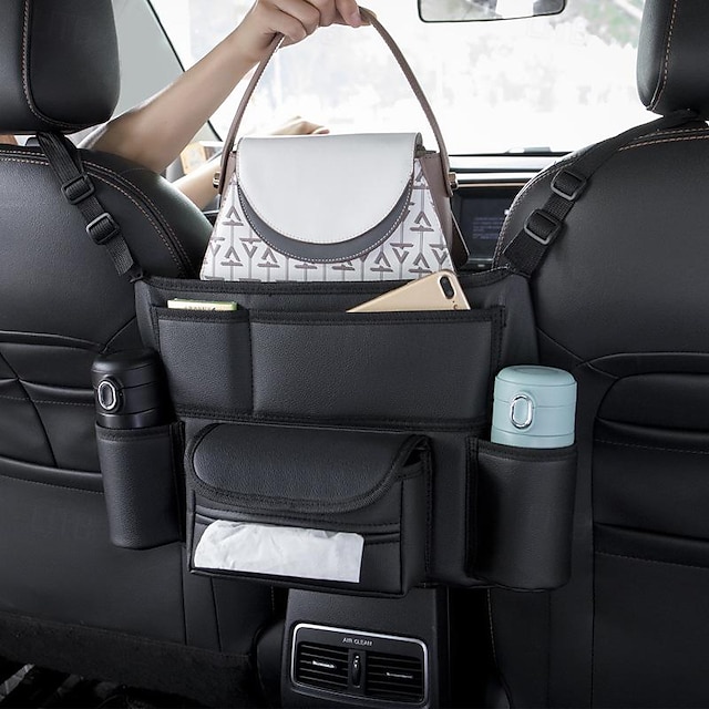  bilförvaringsficka mellan sätena med mugghållare, bilväska hållare, bilpappershållare, läderhållare för stor väska för framsäte i bilen, multifunktions bilficka handväska förvaringsorganisator