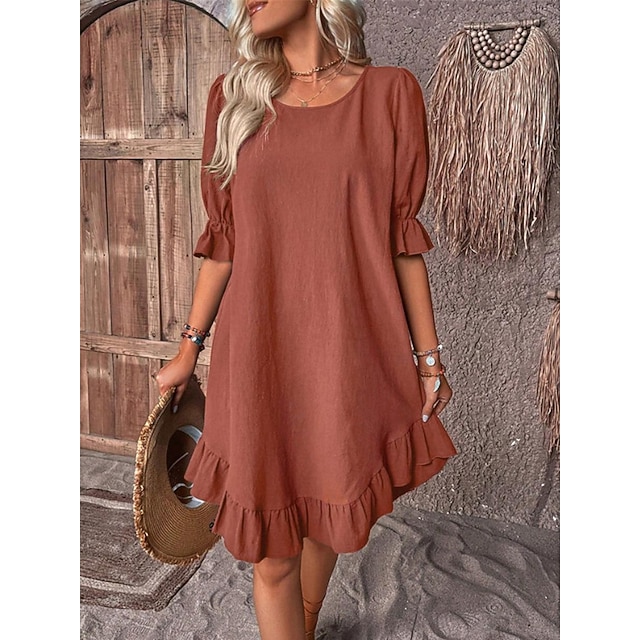  Femmes Noir Rouge bleu marine Été Printemps Robe Midi Robes inspirées du lin Robe en coton et lin Robe d'été en coton Occasionnel Vacances Quotidien Coupe Ample Uni Col ras du cou