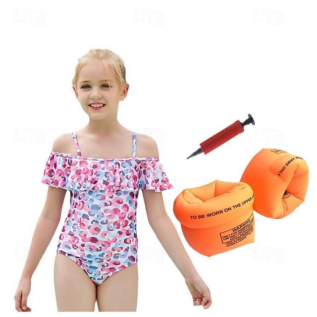  dziecięcy strój kąpielowy dla dziewczynek treningowy graficzny aktywny strój kąpielowy 7-13 lat letni różowy z pływakiem na ramionach& pompa