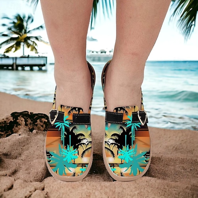  Pentru femei Pantofi Flați Papuci Slip-On-uri Pantofi de imprimare Papuci din Pânză Zilnic Vacanță Călătorie Hawaii Contrast Culoare Palmier de nuca de cocos Cataramă Toc Drept Vârf rotund Vacan