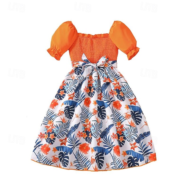  Girls Orange And Blue Floral Print Casual Dress With Belt Girl's Dress