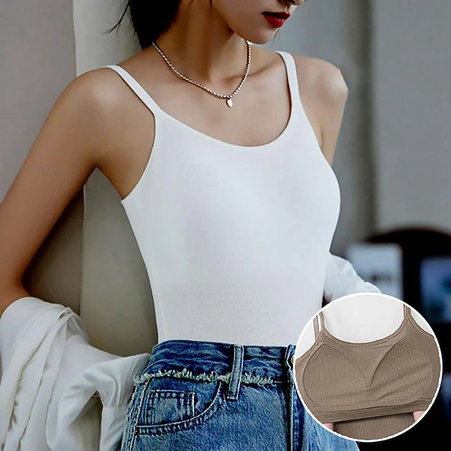 Women's Camisole Tank Top Basic Sleeveless Regular Tops Crew Neck White Brown Gray Summer 10