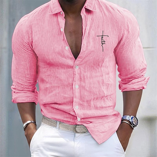  Hombre Camisa Camisa de lino de algodón Camisa de algodón blanca Camisa casual Remera de algodón Negro Blanco Rosa Manga Larga Cruz Diseño Primavera & Otoño Hawaiano Festivos Ropa Abotonar
