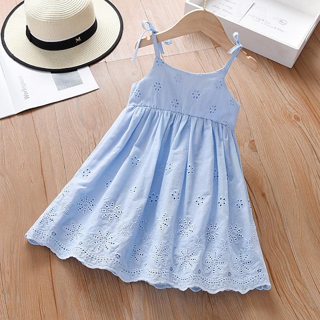  Summer Kids Princess Dresses Sleeveless Cotton Solid Color Hollow Out Children Clothes Baby Girl Wedding Birthday Party Dress