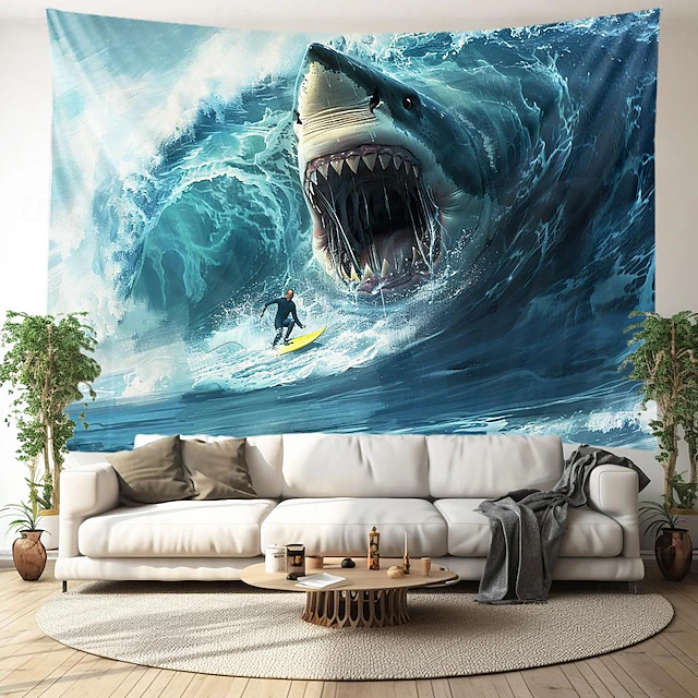 Surfing Shark Ocean Hanging Tapestry Wall Art Large Tapestry Mural Decor Photograph Backdrop Blanket Curtain Home Bedroom Living Room Decoration 17
