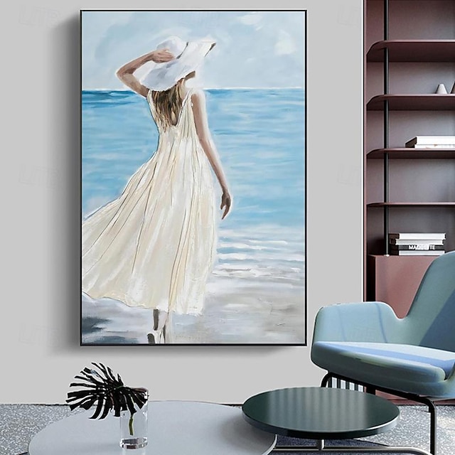  Handmade Abstract Beach and Girl Artwork Blue Seascape Painting Coastal Wall Art On Canvas For Living Room (No Frame)