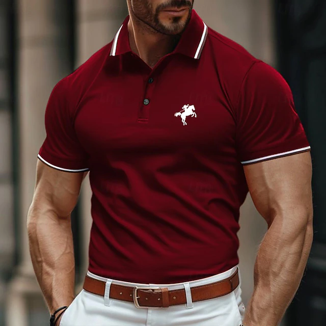 Men's Polo Shirt Golf Shirt Casual Holiday Lapel Short Sleeve Fashion Basic Color Block Horse Patchwork Embroidery Summer Regular Fit Black Burgundy Green Polo Shirt 5