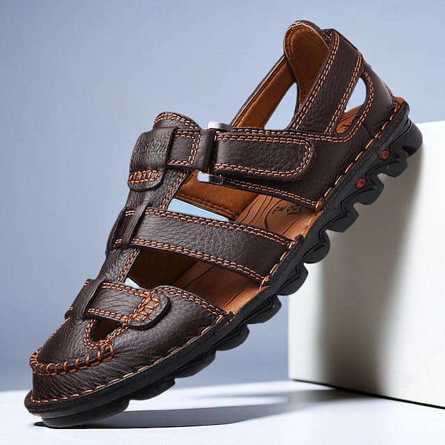  Men's Sandals Sporty Sandals Fishermen sandals Handmade Shoes Closed Toe Sandals Leather Italian Full-Grain Cowhide Breathable Comfortable Slip Resistant Lace-up Black Brown