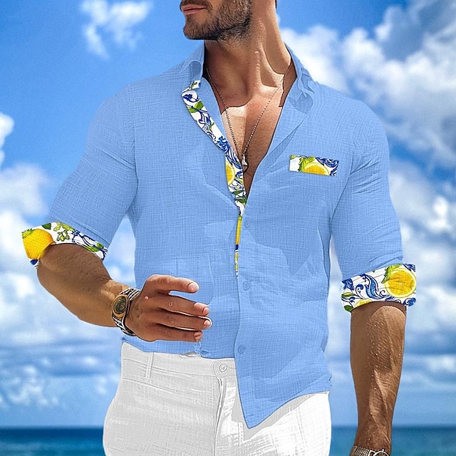  Men's Shirt Linen Shirt Summer Shirt Beach Shirt Summer Hawaiian Shirt White Blue Green Long Sleeve Solid Color Fold-over Collar Spring & Summer Street Daily Clothing Apparel Patchwork