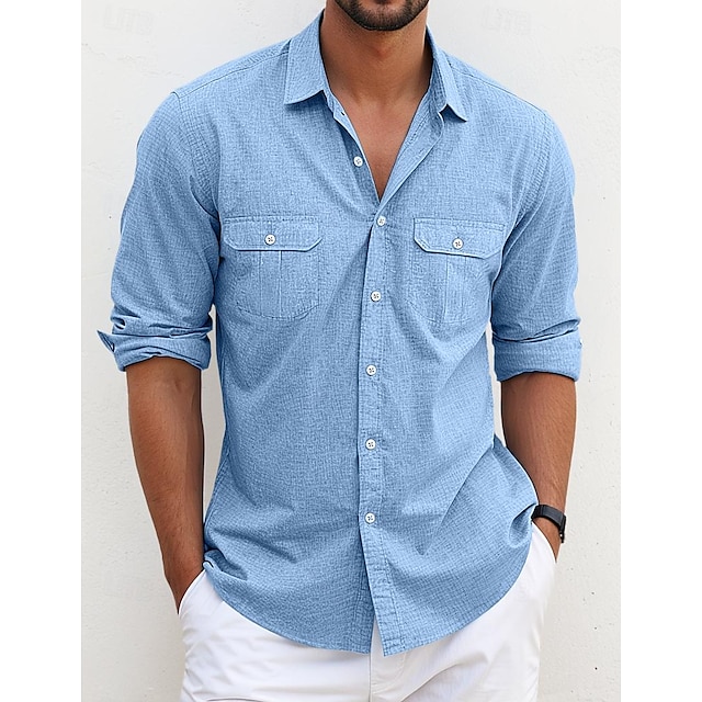  Men's Shirt Casual Shirt Summer Shirt Beach Shirt Western Shirt Black White Blue Long Sleeve Plain Lapel Spring & Summer Casual Daily Clothing Apparel Pocket