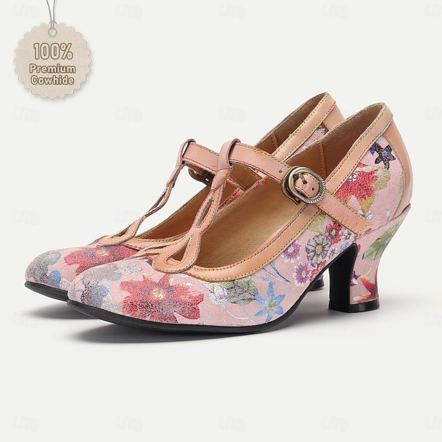  Women's Heels Pumps Ladies Shoes Valentines Gifts Mary Jane Handmade Shoes Party Outdoor Valentine's Day Floral Kitten Heel Round Toe Elegant Vintage Leather Buckle Pink