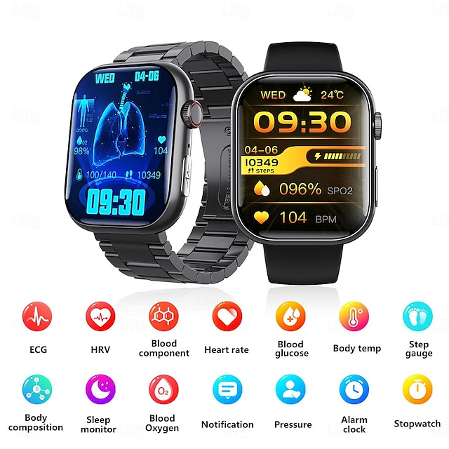  F100 Smartwatch, Bluetooth-Anruf, 2,1-Zoll-Großbildschirm, EKG-HRV-24-Stunden-Herzfrequenz-Gesundheitsmonitor, SOS-Smartwatch für Männer und Frauen