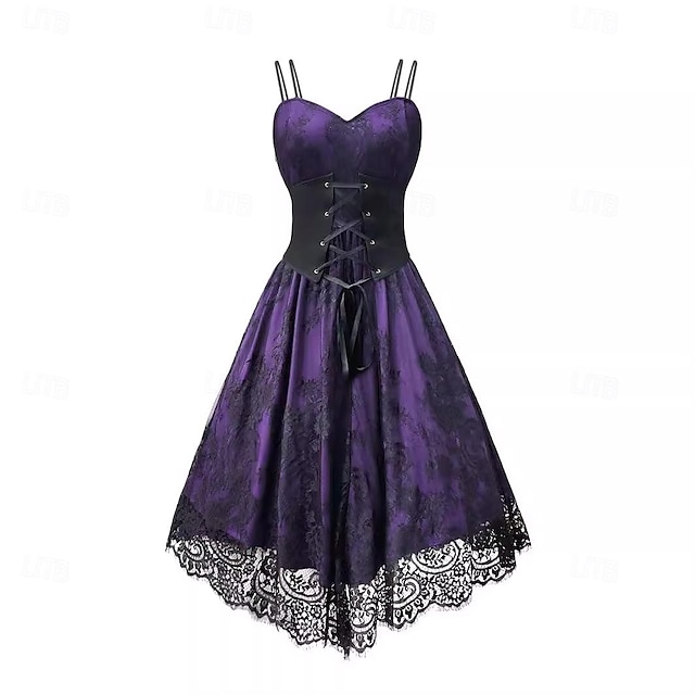  Retro Vintage Punk & Gothic Swing Dress Flare Dress Women's Lace Solid Color A-Line Masquerade Tea Party Casual Daily Dress