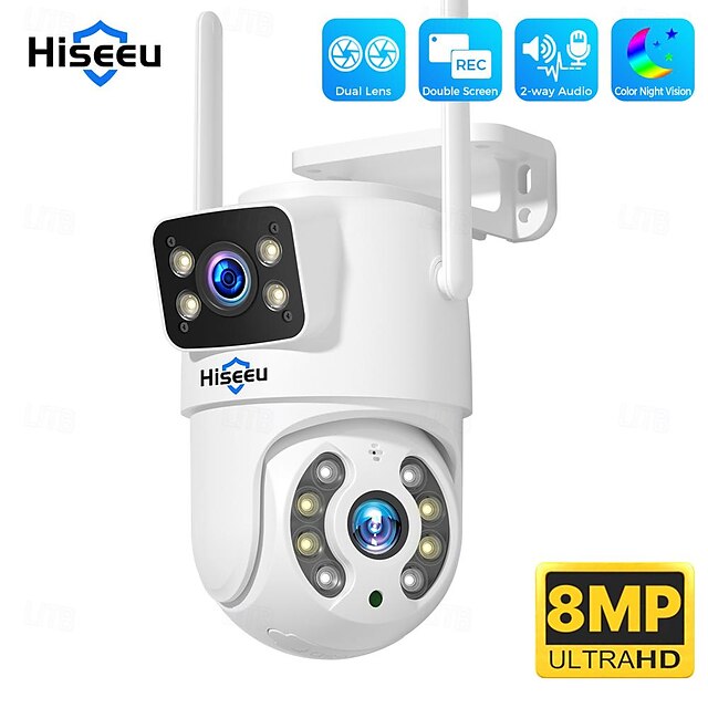  Hiseeu 4K 8 MP WLAN-Überwachungskamera, Dual-Objektiv, 4-facher Digitalzoom, KI, Menschenerkennung, Onvif, drahtlose Outdoor-Sicherheit, PTZ, IP-Kameras
