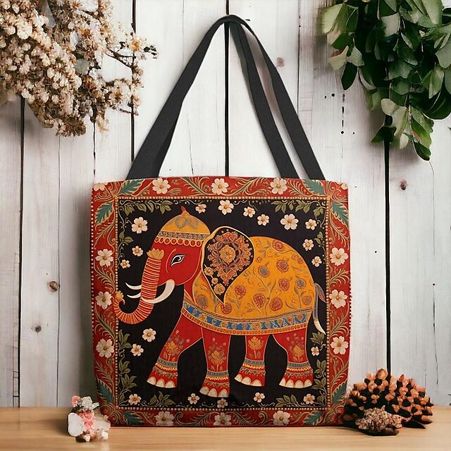  damska torba na ramię płócienna torba z grubej bawełny poliester zakupy codzienny nadruk świąteczny o dużej pojemności składana lekka narodowość ze wzorem zwierzęcym w słonie