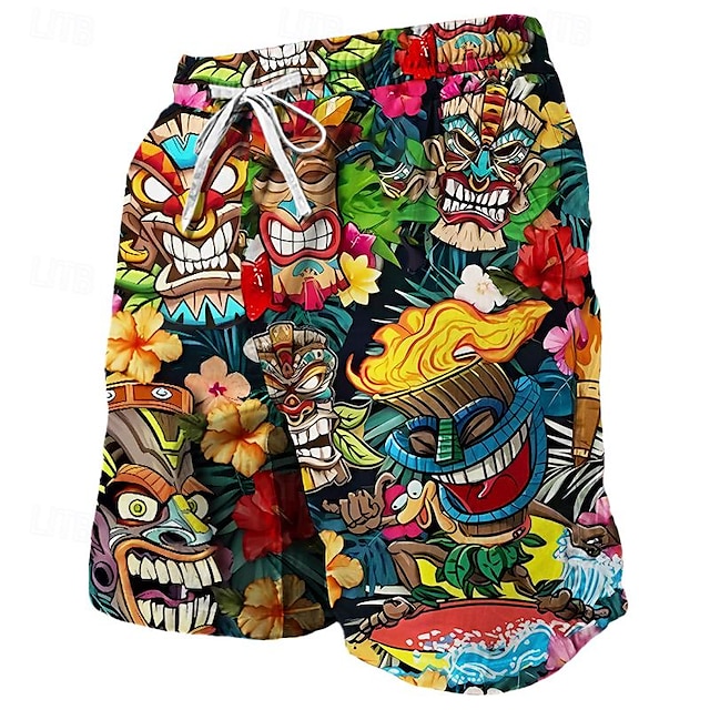  Pantalones cortos de estilo étnico con estampado tiki para hombre, pantalones cortos hawaianos, bañador con cordón y forro de malla, cintura elástica, ropa de calle corta para vacaciones en la playa