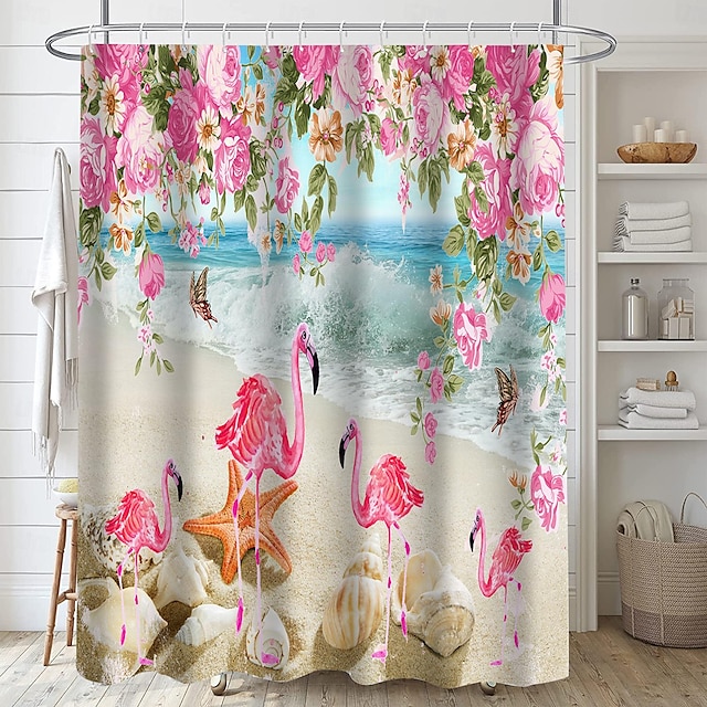  Ocean View Beach Flowers Bathroom Deco Shower Curtain with Hooks Bathroom Decor Waterproof Fabric Shower Curtain Set with12 Pack Plastic Hooks