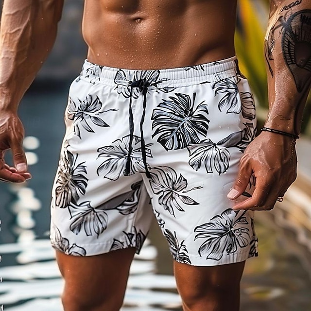 Calções de banho masculinos com estampa de folhas calções de banho havaianos calções de verão calções de praia com cordão com forro de malha cintura elástica folha casual roupa diária de férias