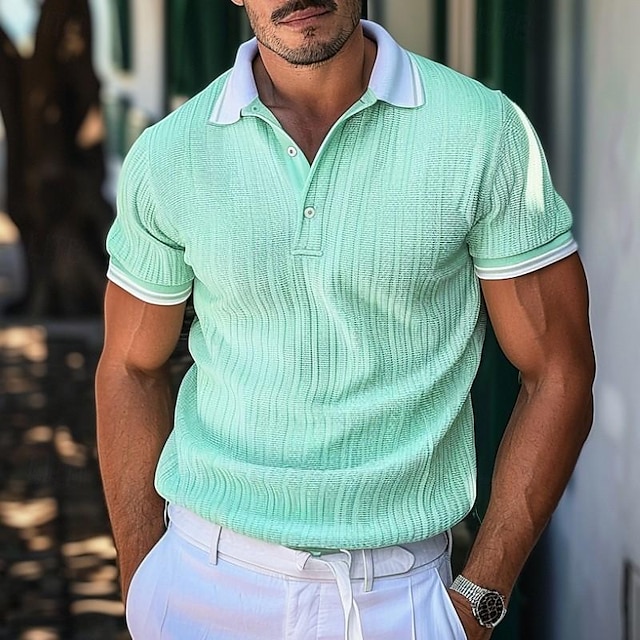  Men's Golf Shirt Knit Polo Business Casual Classic Short Sleeve Fashion Solid Color Button Summer Spring Regular Fit Green Golf Shirt