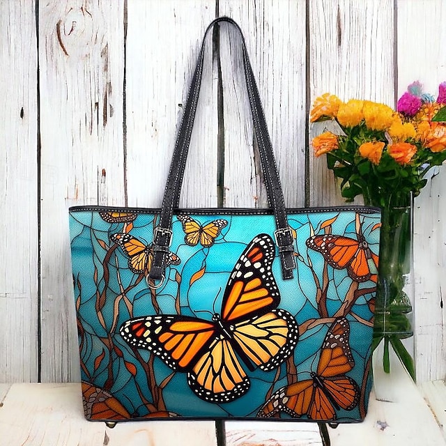  Women's Tote Shoulder Bag Hobo Bag PU Leather Shopping Daily Holiday Zipper Print Large Capacity Waterproof Butterfly Red Blue Light Blue