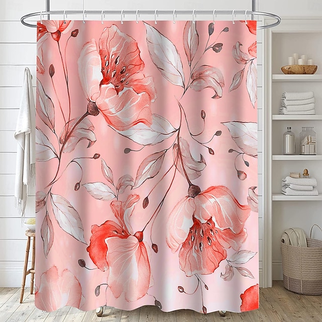  Blumen-Badezimmerdeko-Duschvorhang mit Haken, Badezimmerdekor, wasserdichtes Duschvorhangset aus Stoff mit 12 Kunststoffhaken
