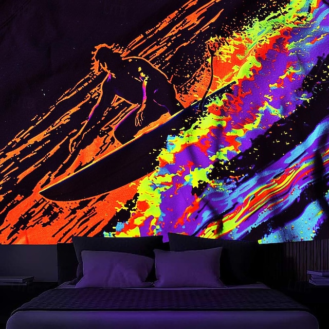  blacklight gobelin uv reaktiv glød i mørket regnbue surfing fyr trippy tåget hængende gobelin vægkunst vægmaleri til stue soveværelse