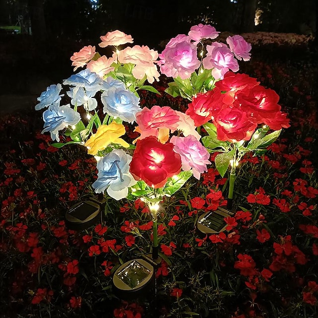  LED Solar Light 7 Heads Solar Simulation Rose Flower Light Waterproof Garden Light 42LEDs Simulation Flower Outdoor Courtyard Light Villa Yard Park Lawn Walkway Landscape Decoration 1/2pcs