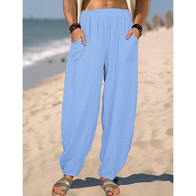  Men's Linen Pants Trousers Summer Pants Straight Leg Plain Comfort Breathable Full Length Casual Daily Holiday Fashion Streetwear White Blue