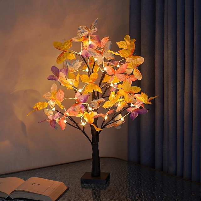  ضوء شجرة LED على شكل فراشة ملونة من خشب البتولا الفضي، 24 مصباح LED USB/بطارية تعمل بالطاقة لعيد الميلاد وديكور المنزل وزخرفة سطح المكتب
