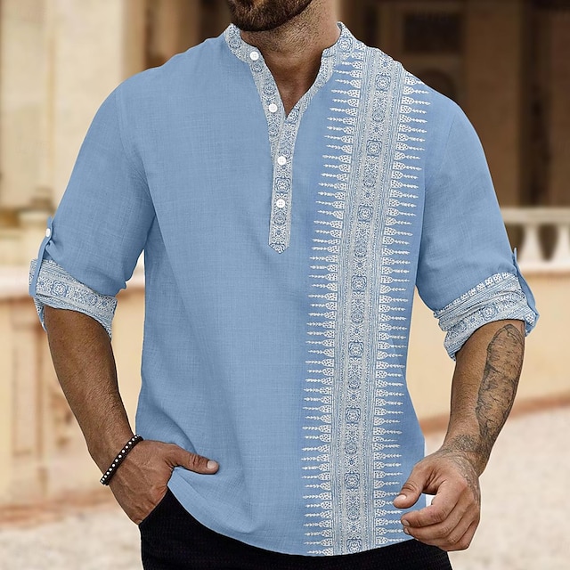  Per uomo Tribale Etnico Stampa bandana Camicia Camicia di lino Camicia con Bottoni Manica Lunga Tribale Vacanza Abbigliamento quotidiano Uscire Primavera & Autunno Collo alla coreana Bottoni Stampato