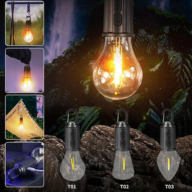  Портативный походный фонарь, светодиодная походная лампа с крючком, портативный фонарь типа C с зарядкой, водонепроницаемый для пеших прогулок, рыбалки