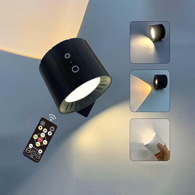  1/2pcs luz de imagem led luzes montadas na parede com controle remoto, lâmpada de disco de sensor recarregável operada por bateria, luz magnética regulável tricolor com rotação de 360 ° sem fio para cabeceira de quarto