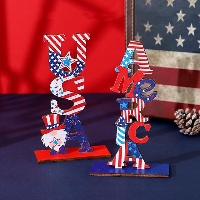  Décoration du jour de l'indépendance : ornements de lettres en bois, figurines de gnomes sans visage pour le jour commémoratif/le 4 juillet