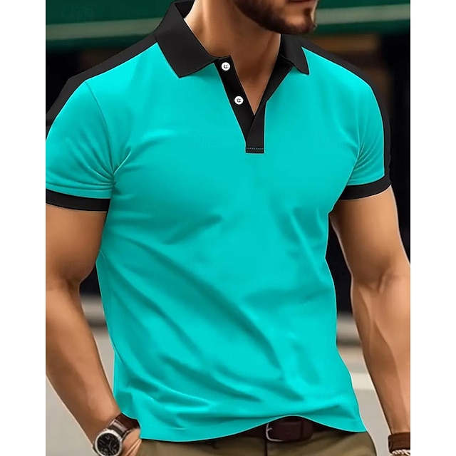  Men's Golf Shirt Golf Polo Work Casual Lapel Short Sleeve Basic Modern Color Block Patchwork Button Spring & Summer Regular Fit Wine Navy Blue sky blue Gold Beige Coffee Golf Shirt