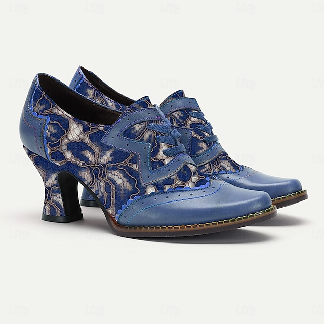  Mulheres Saltos Stiletto Boho sapatos feitos à mão Sapatos vintage Festa Bloco de cor Renda Calcanhar cônico Ponta Redonda Elegante Renda Couro Com Cadarço Azul