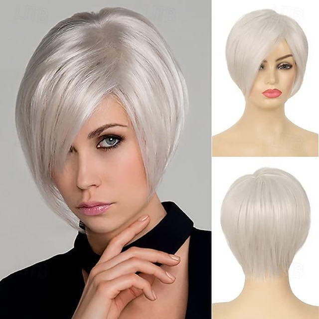  Perucas curtas bob pixie para mulheres branco bob corte peruca de cabelo reto sintético halloween cosplay peruca de substituição prata branco preto