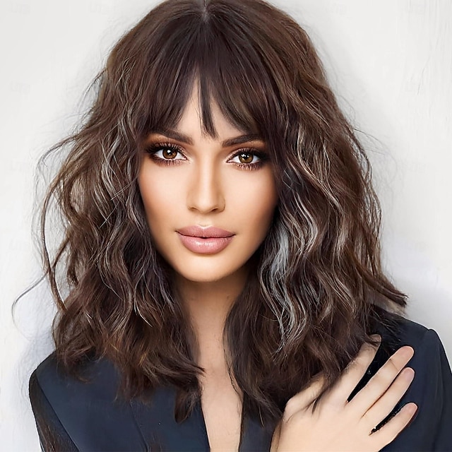  Short Wavy Brown Wig with Bangs Short Dark Brown Highlight Bob Wigs for Women Wavy Bob Wig with Bangs Synthetic Natural Looking Wigs 14 inch
