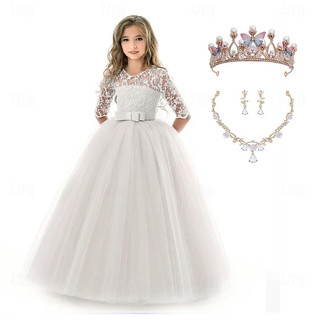  детское платье для маленьких девочек с короной, ожерельем, зажимом для ушей, комплект из 3 предметов, цветочное кружево, вечерние, свадебные, вечерние, принцесса макси, свинг-сетчатое платье с