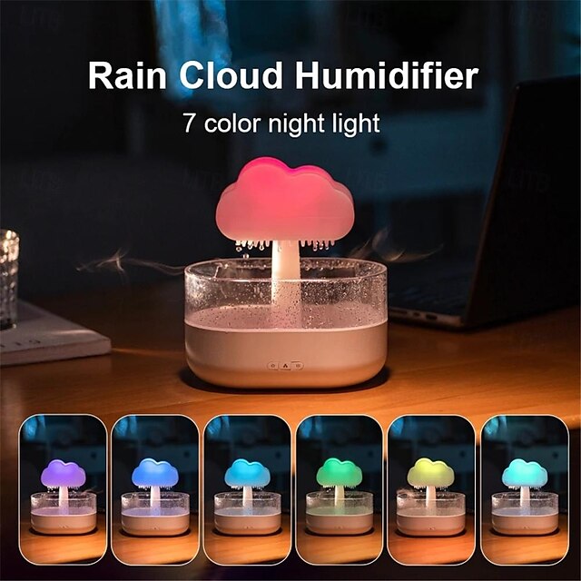  Umidificador de ar com luz noturna rgb, nuvem de chuva, com som de gota de água chovendo e luz led de 7 cores, difusor de óleo essencial, aromaterapia