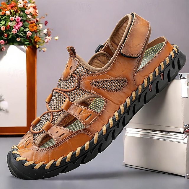  Men's Sandals Flat Sandals Leather Breathable Comfortable Slip Resistant Magic Tape Wine Black Brown