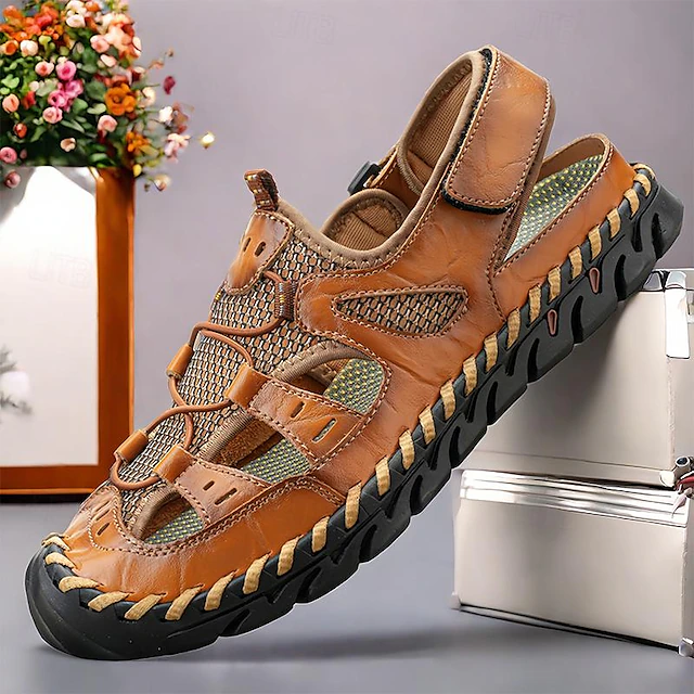 Men's Sandals Flat Sandals Leather Breathable Comfortable Slip Resistant Magic Tape Wine Black Brown 12