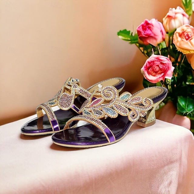  בגדי ריקוד נשים נעלי חתונה סנדלים מפלגה קריסטל אלגנטית בוהמיה וינטאג' עור מיקרוביאלי סגול זהב