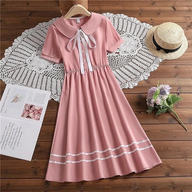  Summer New Student Uniform High Waist Dress For Girls Party Dress With Bow Tie Kids A-line Frock