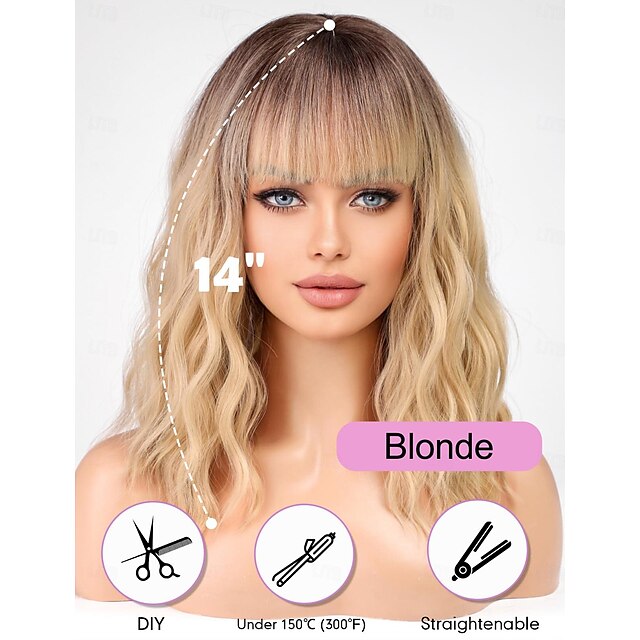 Short Blonde Bob Wigs for Women,Synthetic Wavy Curly Hair Wig with ...