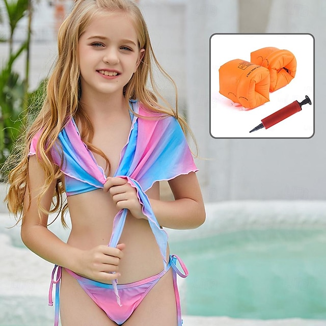  Mädchen Strand Cover Up Urlaub Split Badeanzug Farbverlauf Bikini dreiteiliger Kinder Badeanzug mit Arm Floater&Pumpe